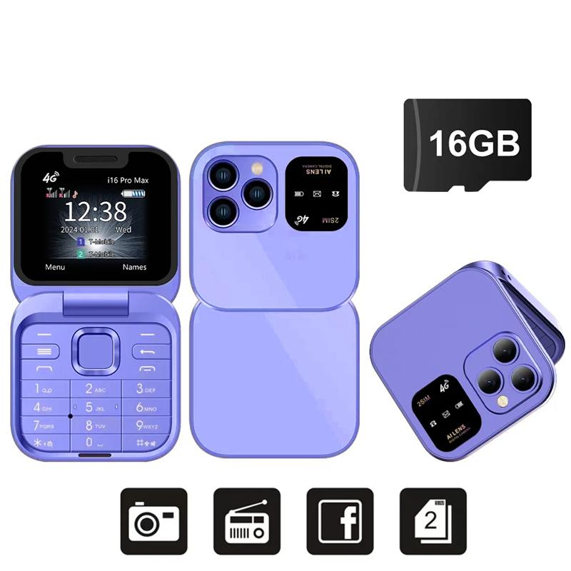 2025 I16 PRO MAX 4G Mini Fold Mobile Phone 2 SIM Card Speed Dial Video Player Magic Voice Blacklist Small Flip Cellphone Type-C
