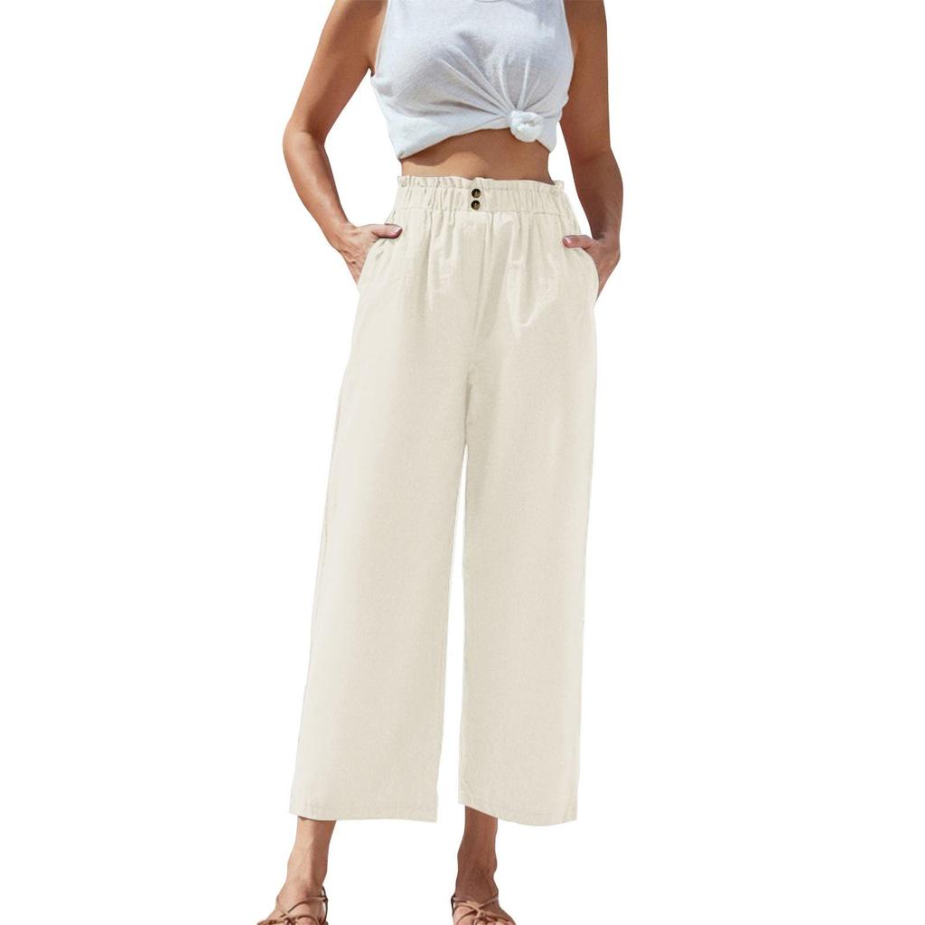 Women's High-waisted Ruffled Elastic Waist Cotton And Linen Cropped Casual Pants