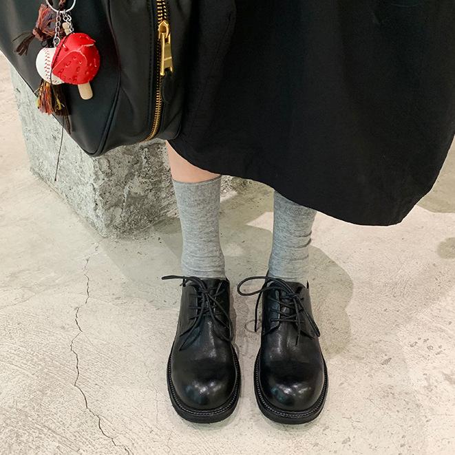 Sheepskin Version~ Leather Thick Heel Retro Pleated Small Leather Shoes Women's British Lace-up Platform Oxford Shoes Loafers Single Shoes