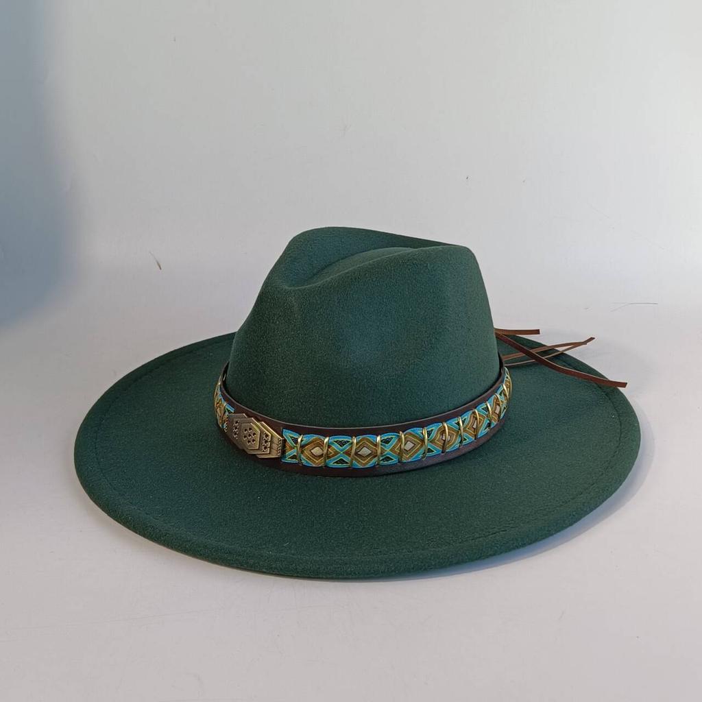 Felt Hat with Vintage Leather Belt, Fashionable European and American Jazz, Classic Church Style, Wide Brim, 9.5cm