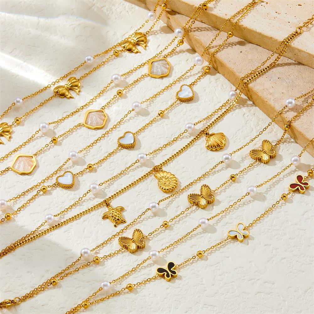 Fashion Simple Colorful Shimmer Shell Butterfly Double Layer Beach Chain Pearl Starfish Anklet