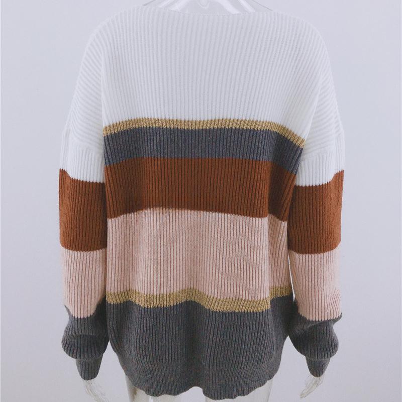 IHUASU Women's Autumn and Winter Striped Knit V-Neck Pullover Sweater