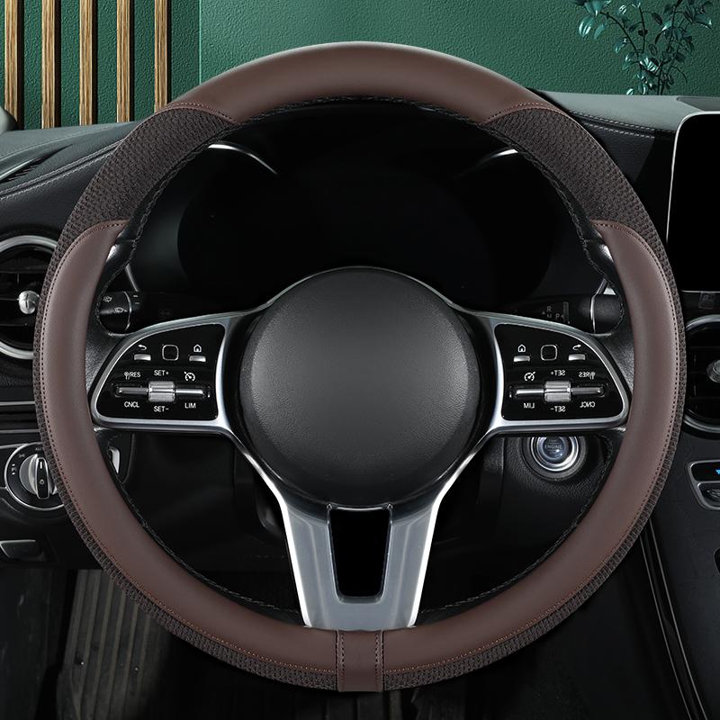 Car Steering Wheel Cover Premium Leather Stitched with Breathable Mesh Fabric FIt for 14.5-15 Inch All Seasons Universal