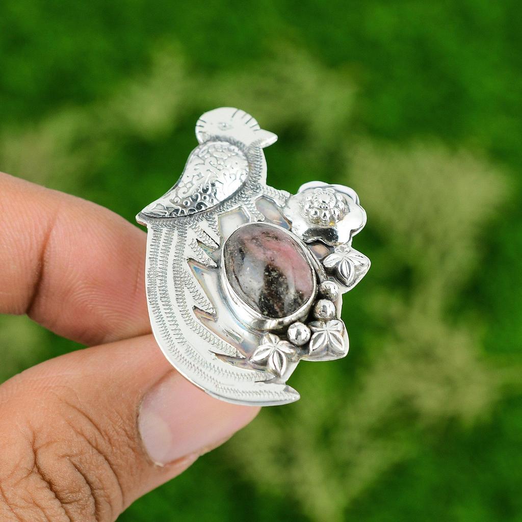 Natural Rhodonite Gemstone Multi Stone Bird Adjustable Ring 925 Sterling Silver