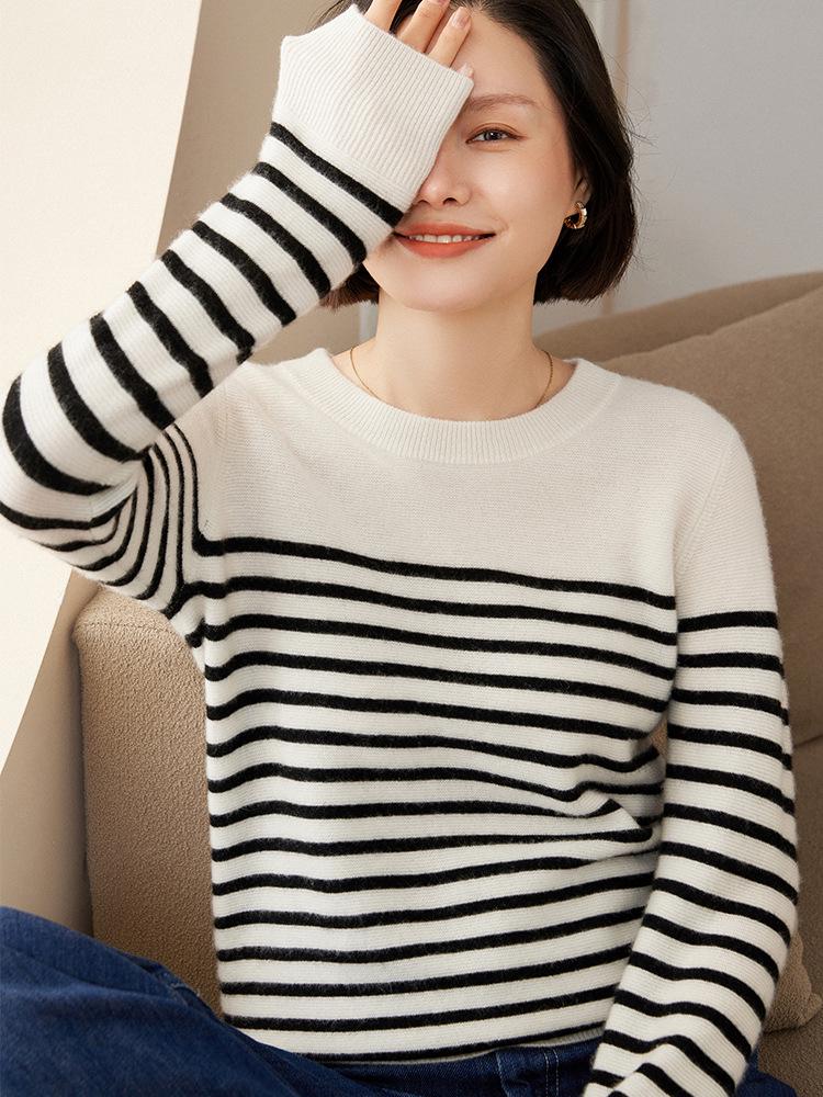 2025 Autumn/Winter Women's Color Block Stripe Cashmere Pullover Sweater - Round Neck, Long Sleeve Knitwear