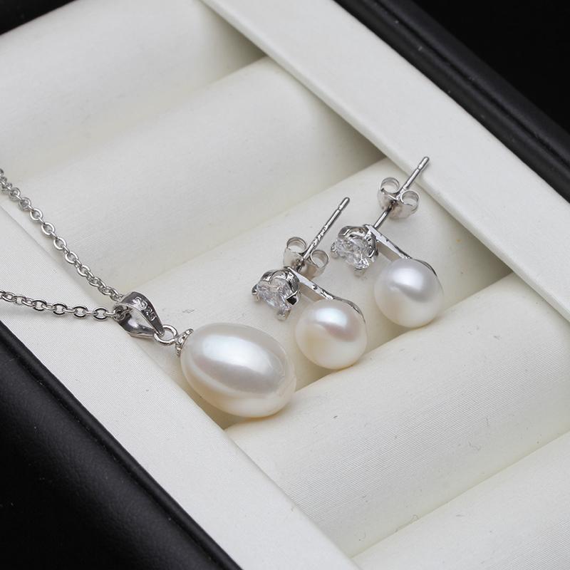 Real Freshwater Natural Pearl Set For Women,Wedding 925 Sterling Silver Pearl Necklace Earring Sets Wife Mom Engagement Gift