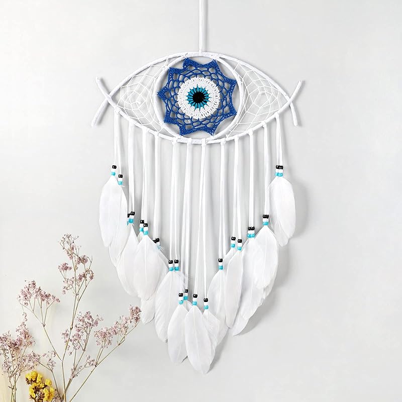 Dremisland Evil Eye Dream Catcher-Blue Black Dream Catchers Handmade Feather Evil Eye Wall Hanging Ornament Home Decor for Bedroom Livingroom Yard, чистый белый