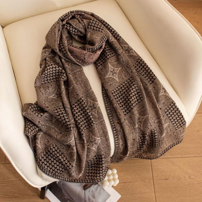 Womens Silk Wool Scarf 2026 Luxury Double-sided Printed Long Shawl Versatile Wrap
