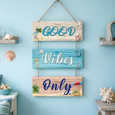 Letrero de Pared con Tema de Playa Solo Buenas Vibras Placa Colgante de Madera con Cuerda de Cáñamo Cartel de Bienvenida Estilo Costero Marino para Porche Valla Exterior Interior