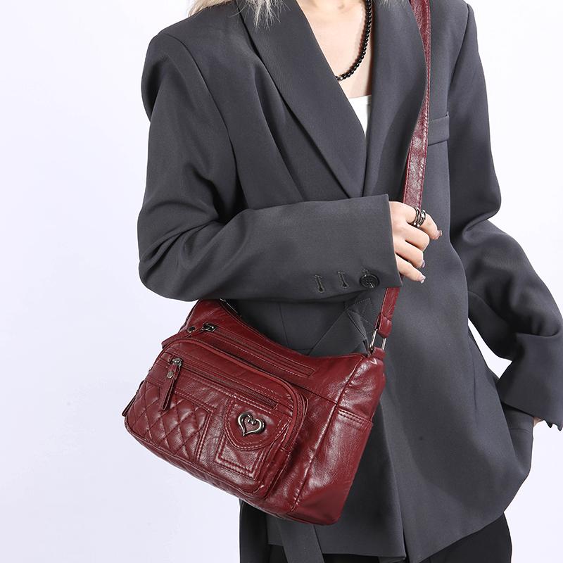 Geantă Moale din Piele cu Straturi Multiple Geantă de Umăr Crossbody pentru Femei Geantă pentru Mamă Geantă pentru Femei de Vârstă Mijlocie