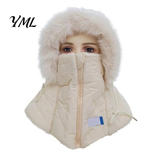 Breathable Zipper Face Cover Cap Women Winter Balaclava Hat, Quilted Mask Hood Closure, Fuzzy Trim, Windproof Ski with Fleece Lined, Warm Hat for Cold