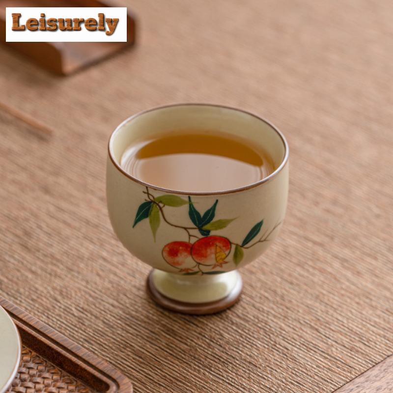 90ml Handmålad Granatäpple Keramisk Tekopp Kräm Ru Ugn Arhat Kopp Hög Högfotad Kopp Hushåll Mästare Enkel Chazhan Teservis