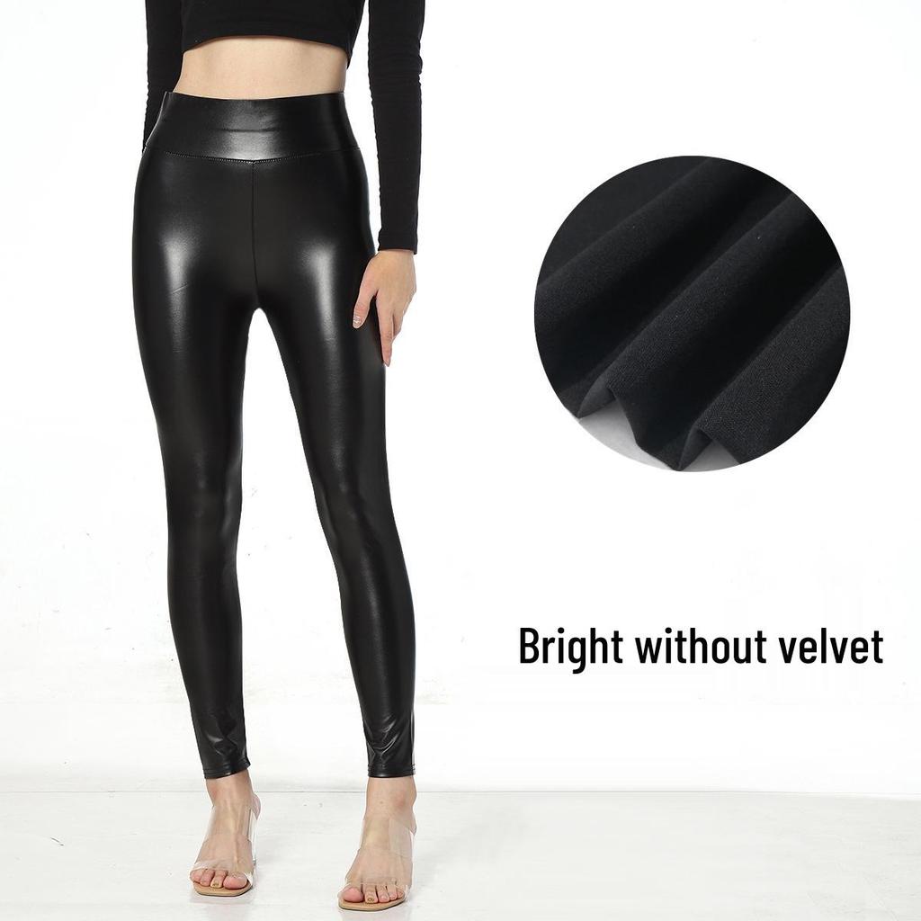Plusstorlek Hög midja PU-läder Fleecefodrade Smickrande Leggings