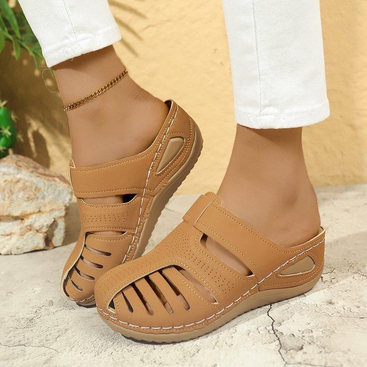 

Туфли-шлепанцы на танкетке с открытой пяткой, женские, с перфорацией, на липучке, повседневные, сандалии на танкетке с открытой пяткой 43 светло-коричневого