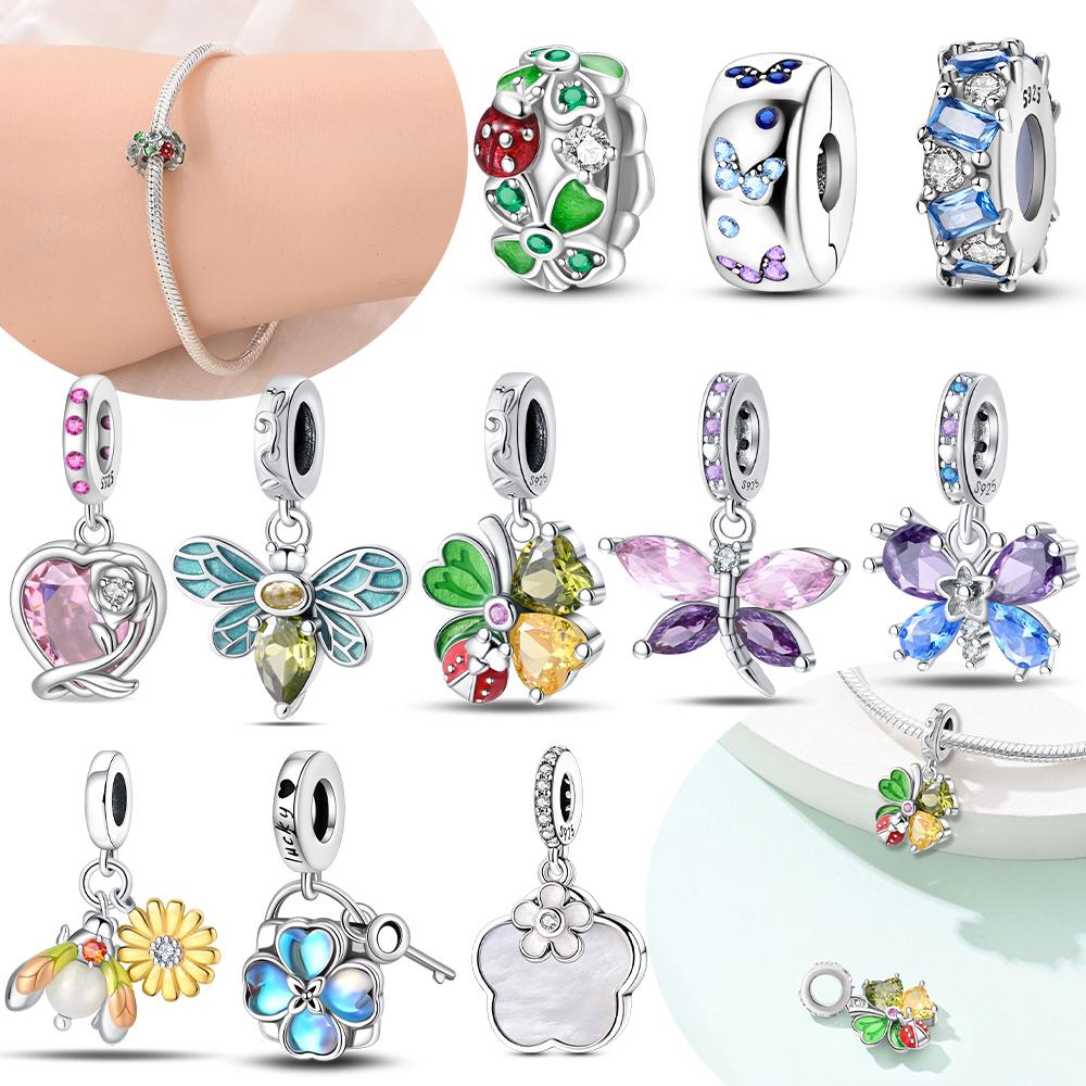 Springtime Gem Butterfly Dragonfly Flowers copper Charm Bead Charms Pendant Compatible With Pandach Authentic Bracelets Do It Yourself Little Fresh Je