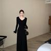 2026 V-Neck Long Sleeve Knit Dress - Women's Slimming Black, Spring/Autumn/Winter