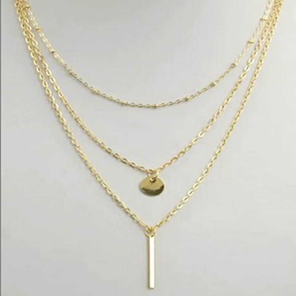 Three-line stick round pendant necklace in gold and silver