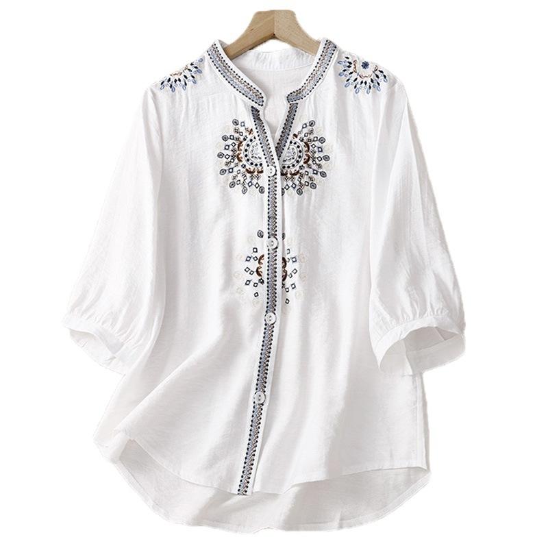 Summer Vintage Loose Embroidered Floral Stand Up Collar Five Quarter Sleeved Shirt Women
