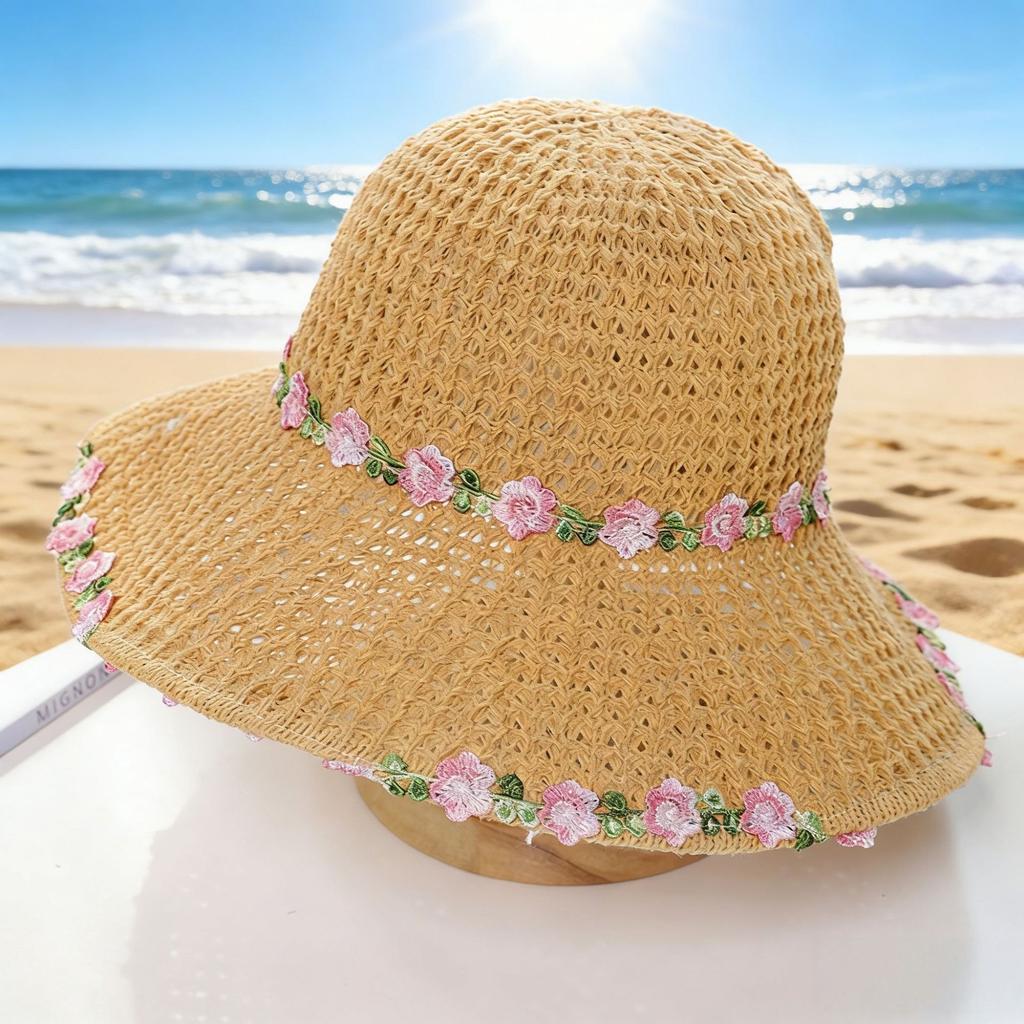 New Small Fresh Lace Straw Hat Sunshade, Summer Sunscreen Travel Big Brim Bucket Hat Hollow