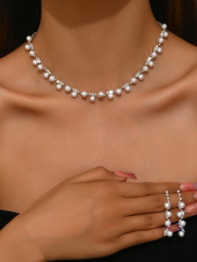 Silver Diamond Necklace Earrings Bracelet Three-piece Set