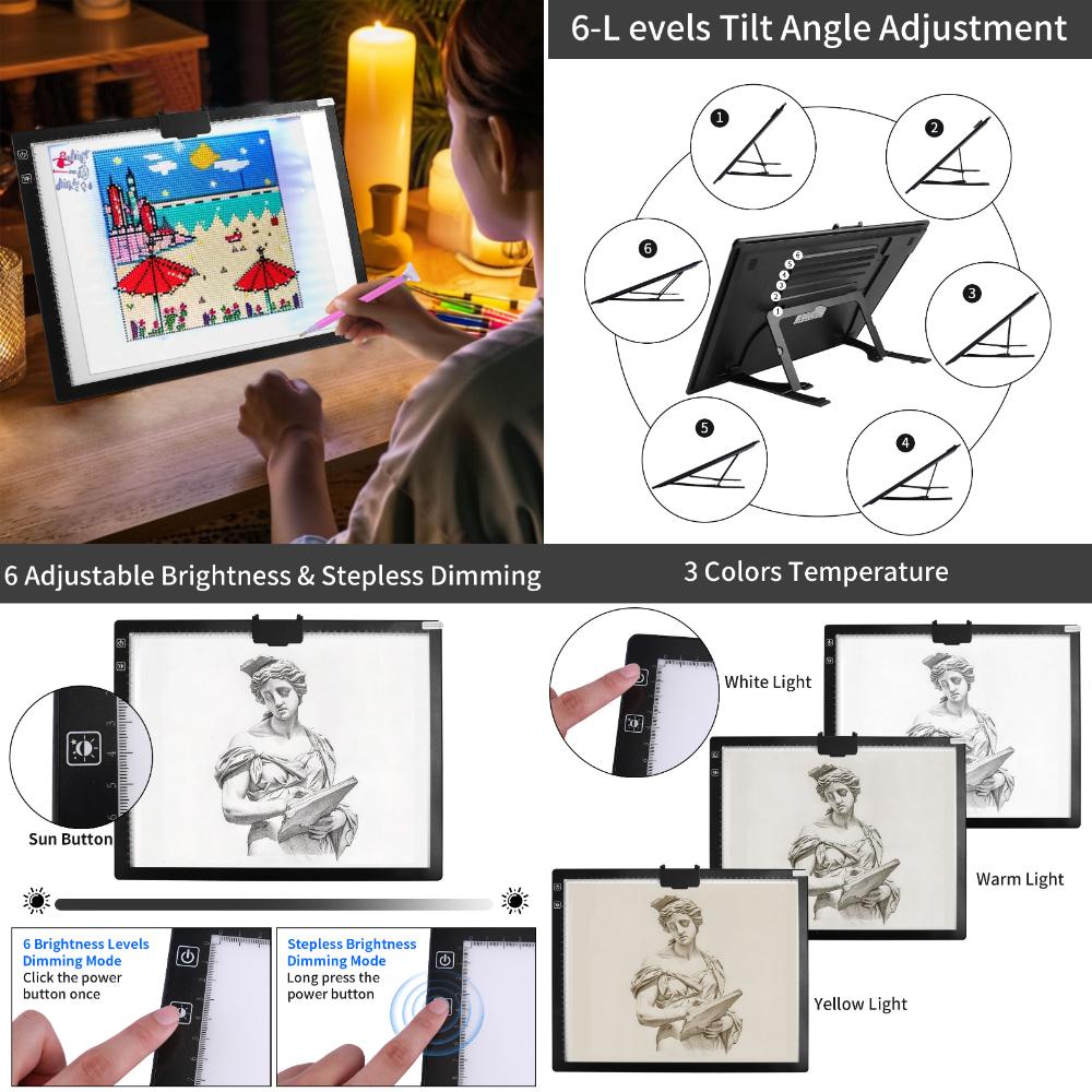A3 Light Box Wireless LED Light Pad with Adjustable Stand Rechargeable Tracing Light Pad for 5D Diamond Painting Ornament Kits