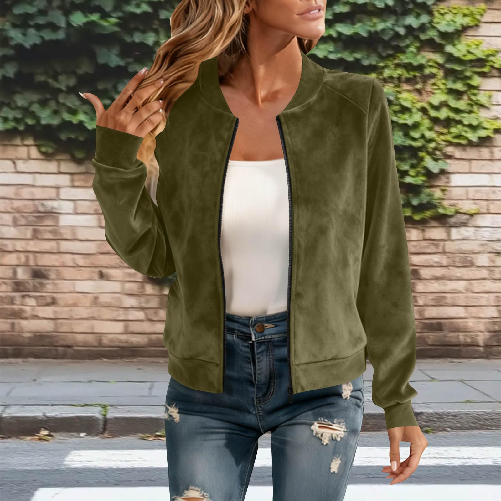 Women s Fashion Color Round Neck Long Sleeve Zipper Jacket L
