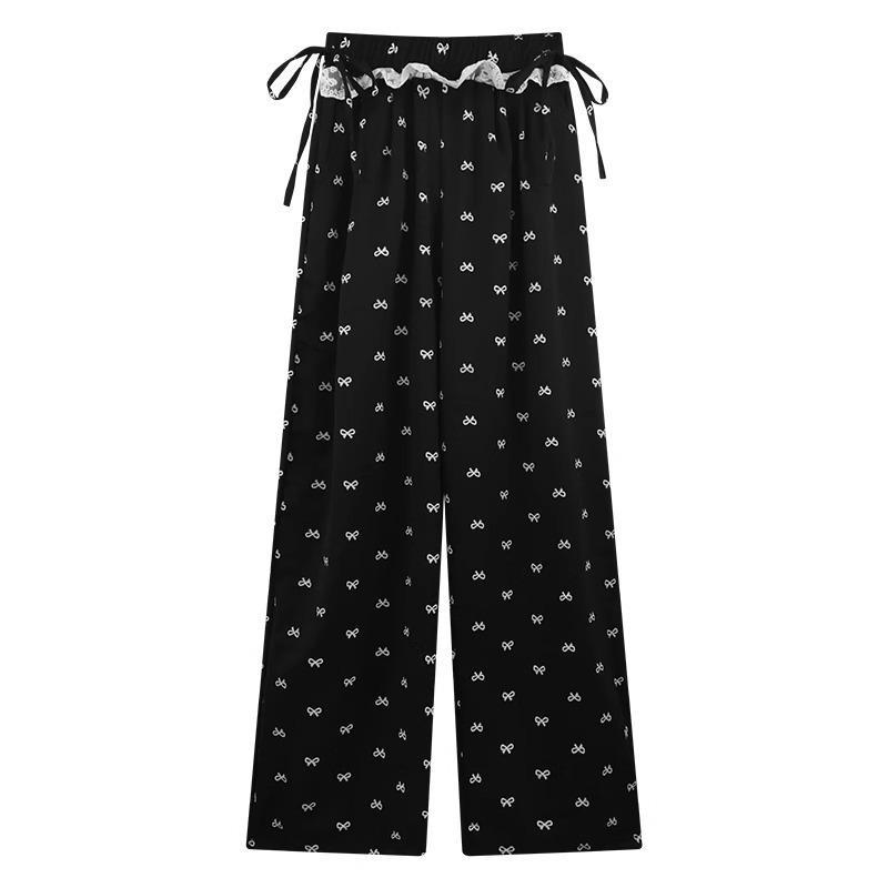 Bow lace wide-leg pants women's summer thin new high waist drape straight small printed Yamamoto pants