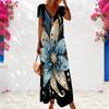 Women Plus Size V Neck Short Sleeve Black Printed Maxi Dress