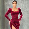 New Women's Elegant Sexy Square Neck Ruched High Waist Bodycon Split Dress Temperament Sexy Square Collar Retractable Small Dress