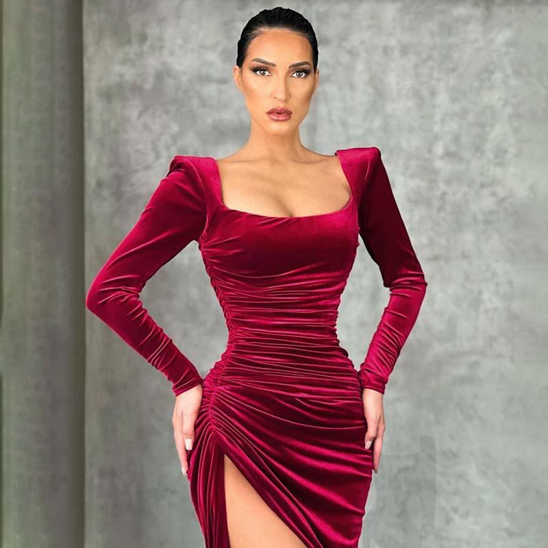 New Women's Elegant Sexy Square Neck Ruched High Waist Bodycon Split Dress Temperament Sexy Square Collar Retractable Small Dress