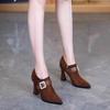 Deep mouth single shoes women's autumn and winter 2025 new suede pointed high heels fashion thick heel square buckle rhinestone women's shoes