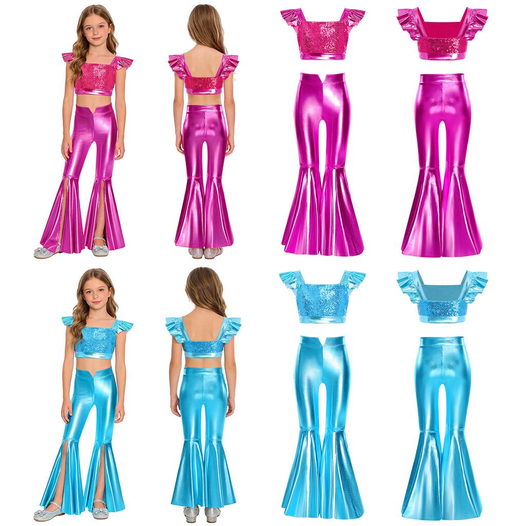 Girls Stage Performance Set Square Collar Metallic Crop Top Ruffled Sleeves Sequins with Split Bell Bottom Shiny Pants for Jazz Dance Recital