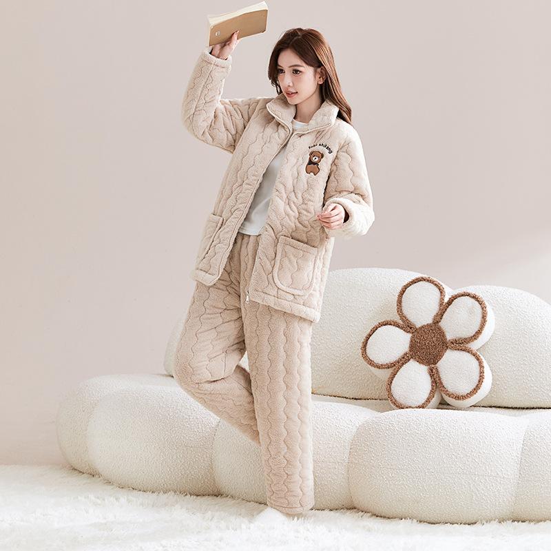 Damen Winter-Schlafanzug, dreilagig gesteppt mit Baumwolle und Fleece für Wärme, große Größen können auch draußen getragen werden, niedliche Korallfleece-Loungewear
