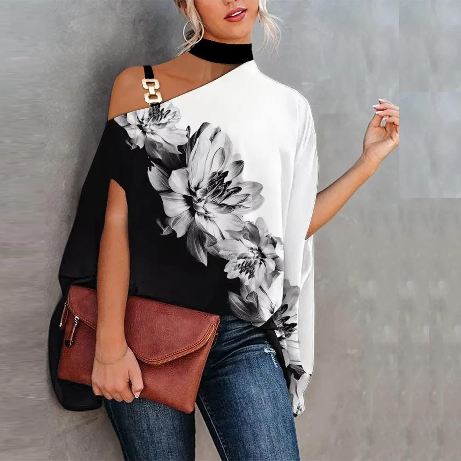 

Women s One Shoulder Casual Shirts Fake Collar Floral Print Fashion Loose Top T Shirts XL белый