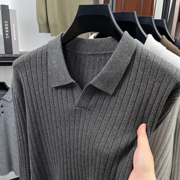 Męski sweter dzianinowy z długim rękawem, gładki, 2025: Wysokiej klasy koszulka polo business casual na wiosnę i jesień