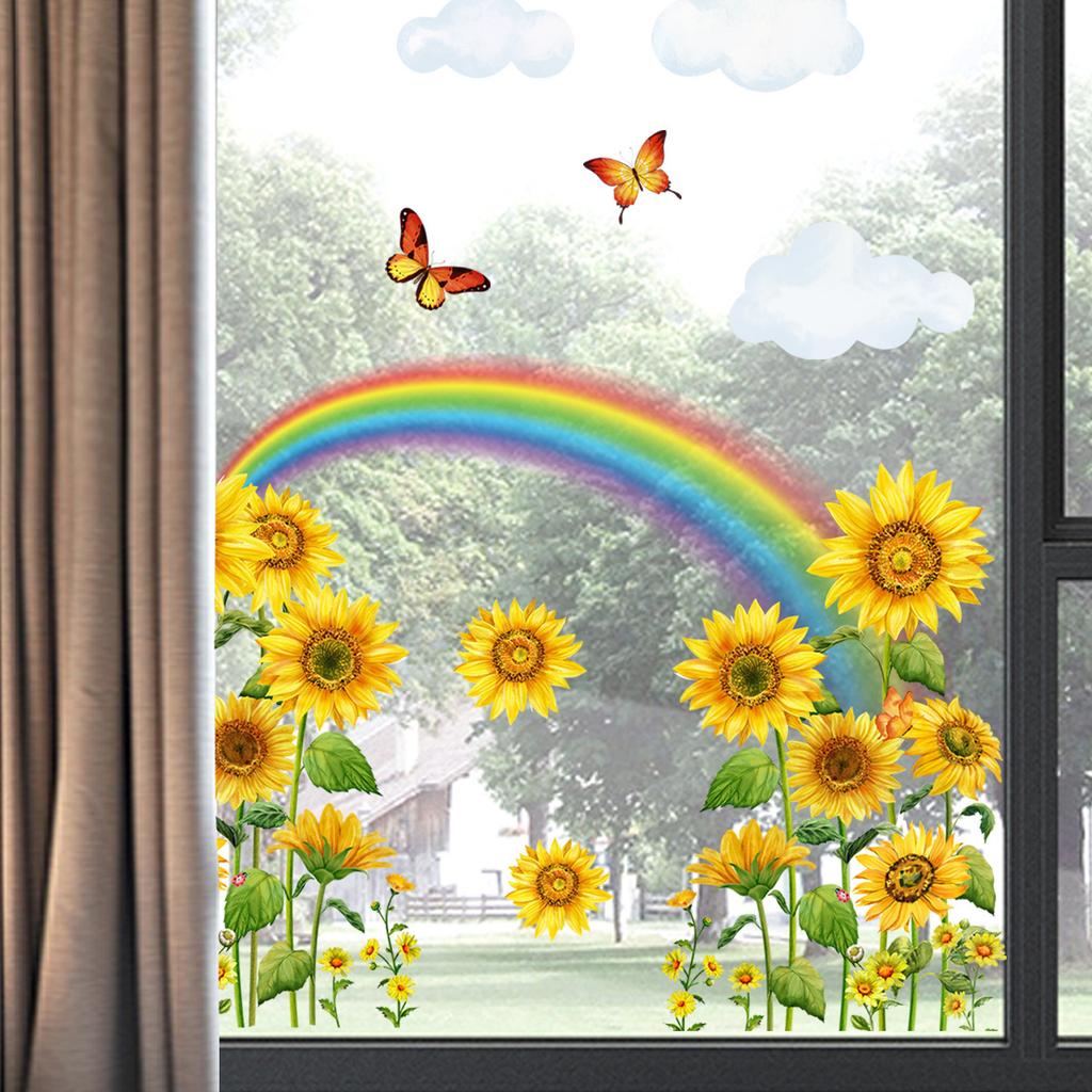 Ct6106 Sunflower Rainbow Butterfly Window Sticker Home Window Glass Double Sided Printing Visual Sticker Wall Sticker