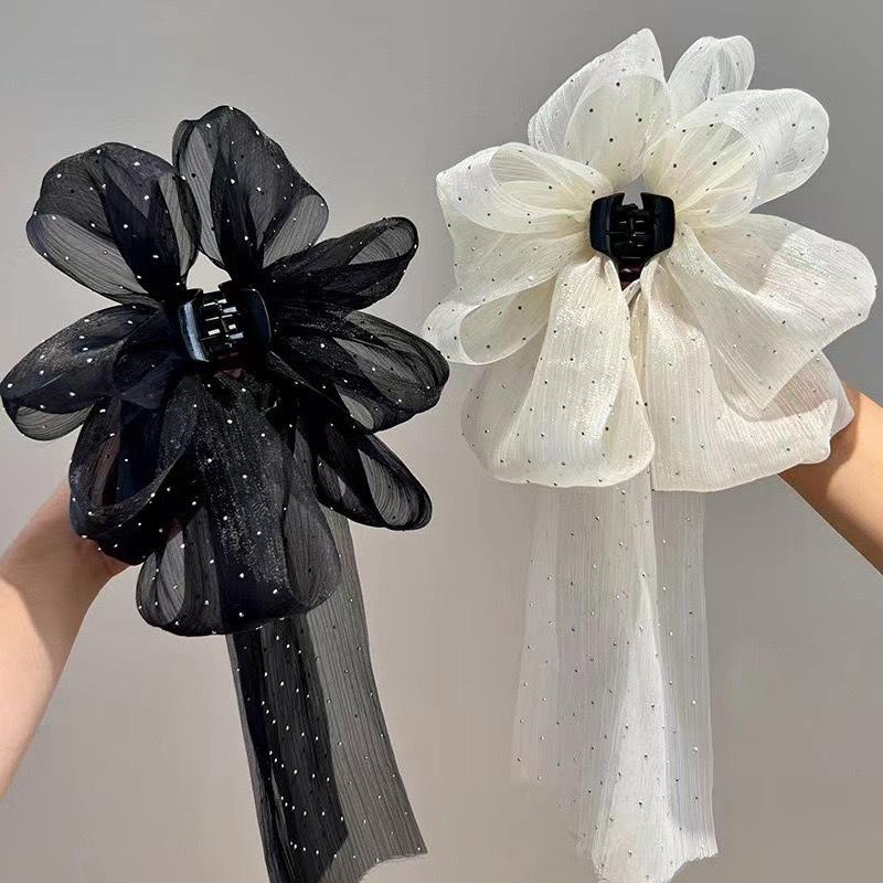 Korean Style Fashion Large Bow Ribbon Hair Claw Super Fairy Temperament Glitter Rhinestone Hair Clip Girl Sweet Hair Accessories