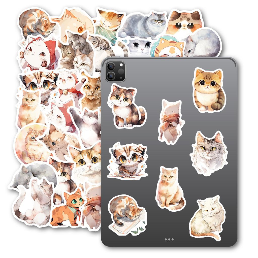 50 Watercolor Cat Stickers Cute Cartoon Cute Pet Cat Stickers Laptop Decoration