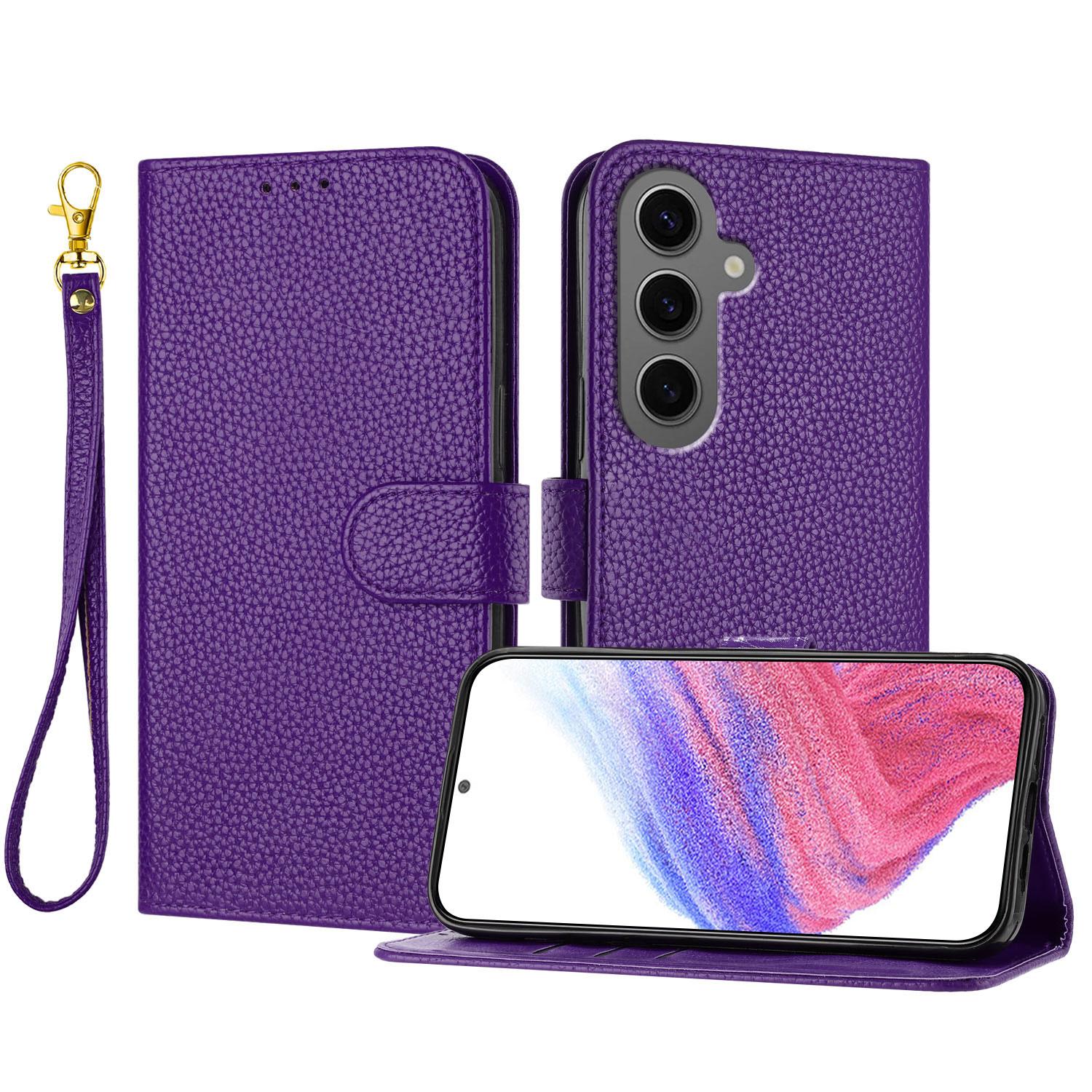 

For Samsung Galaxy S24+ Leather Case Litchi Texture Wallet Stand Anti Drop Phone Cover with Wrist Strap Purple