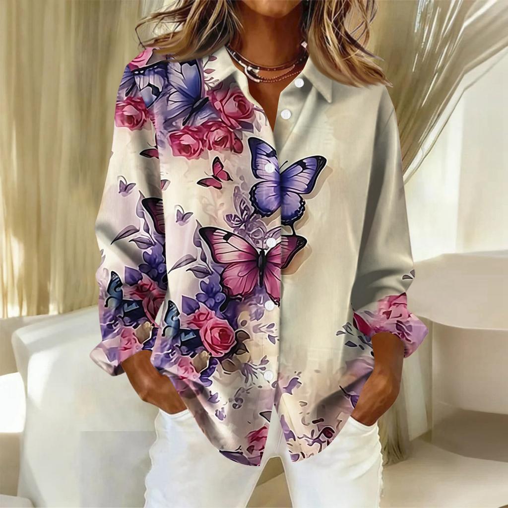 Women's Shirt With Floral Print Buttons, Long Sleeved Casual Regular Shirt  Blouses Casual Plus Size Basic Tops