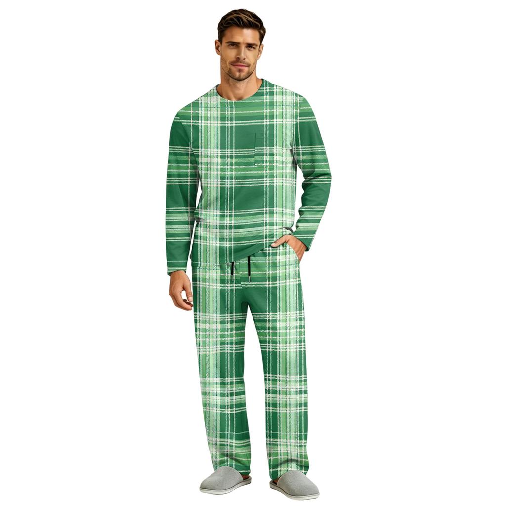 Men's Long Sleeve Pajama Set with Button Crotch and Elastic Drawstring Waist for Home Comfort