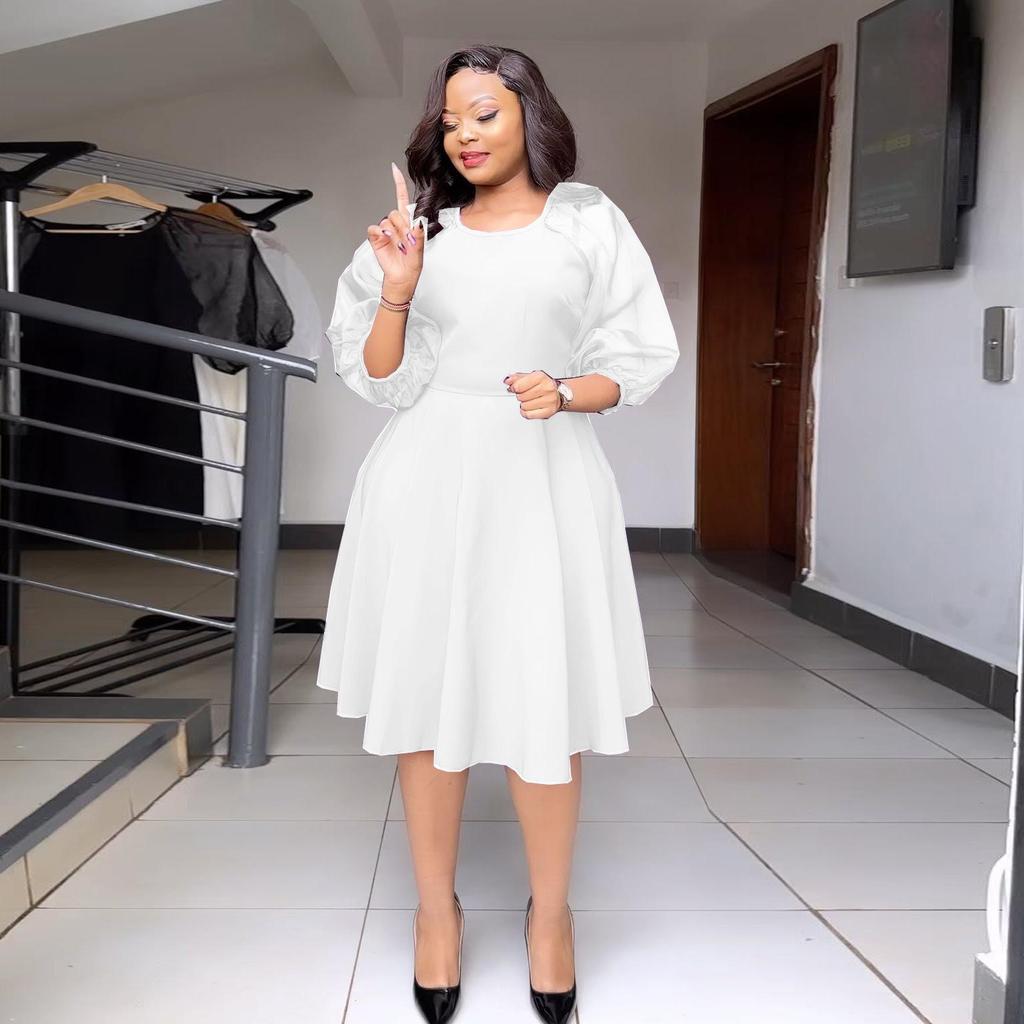 Damen Taillenbetonendes A-Linien-Kleid mit Puff- und Dreiviertelärmeln - Modisch und Bequem