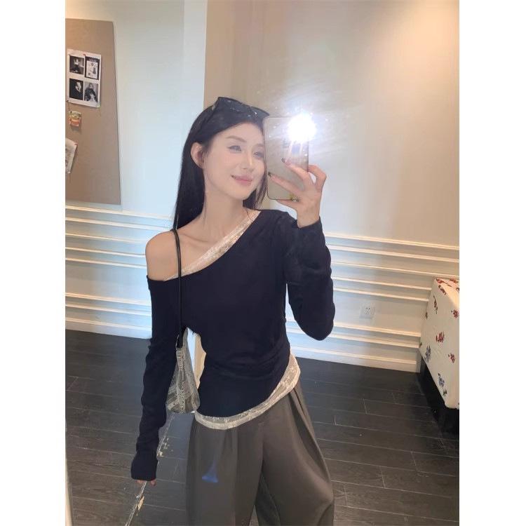 Oblique Shoulder Sexy Long-Sleeve T-Shirt - Early Autumn Slim Fit