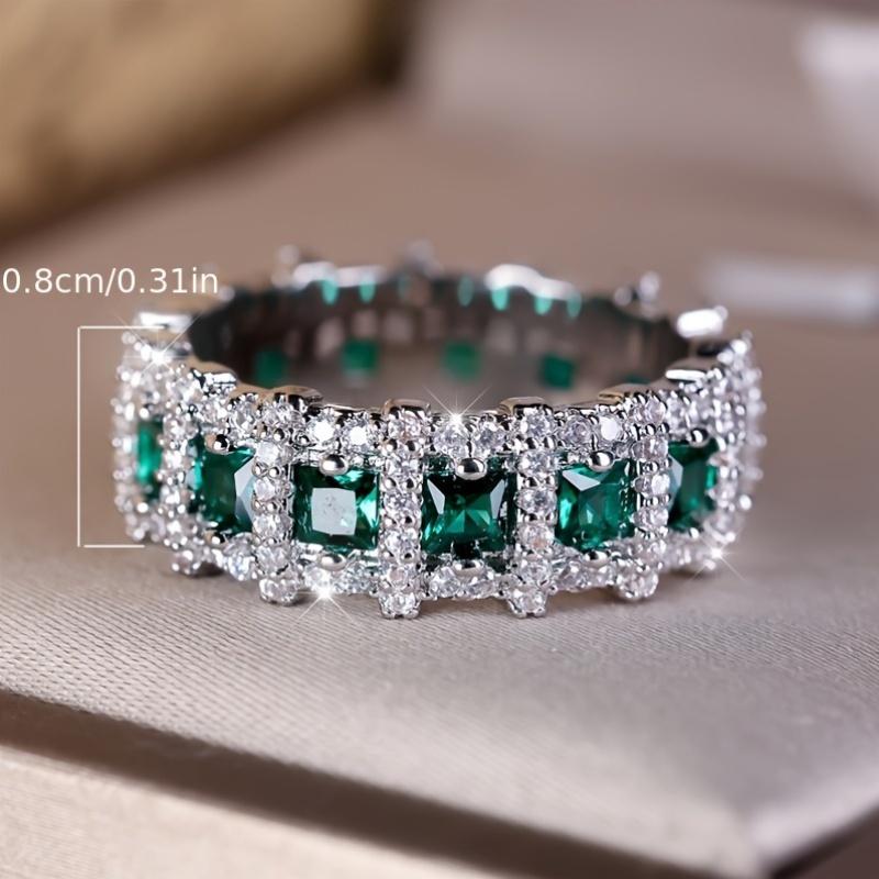 Vintage Bohemian Style Eternity Ring Inlaid with Green Artificial Zirconia, Unplated, Wedding, Engagement Jewelry