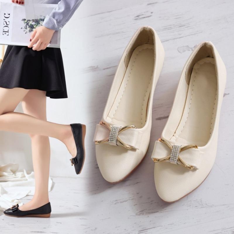 Spring and Summer Women's Shoes with Bow Bean Shallow Mouth Pointed Toe Low Heel Flat Bottom and Rhinestone