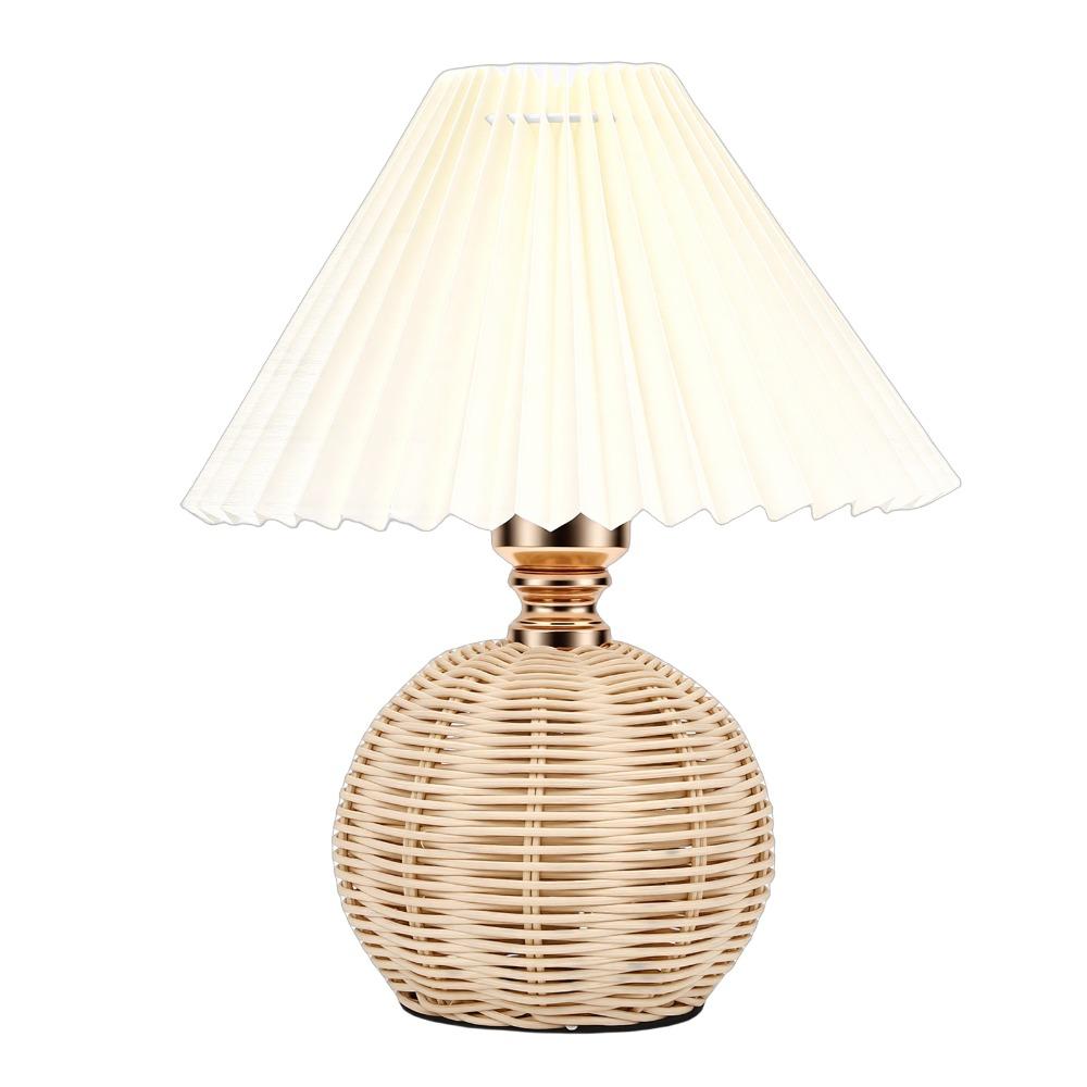 Fabric Lampshade Pleated Table Lamp Rattan Base Bedside Table Lamp Modern Nightstand Lamp Reading