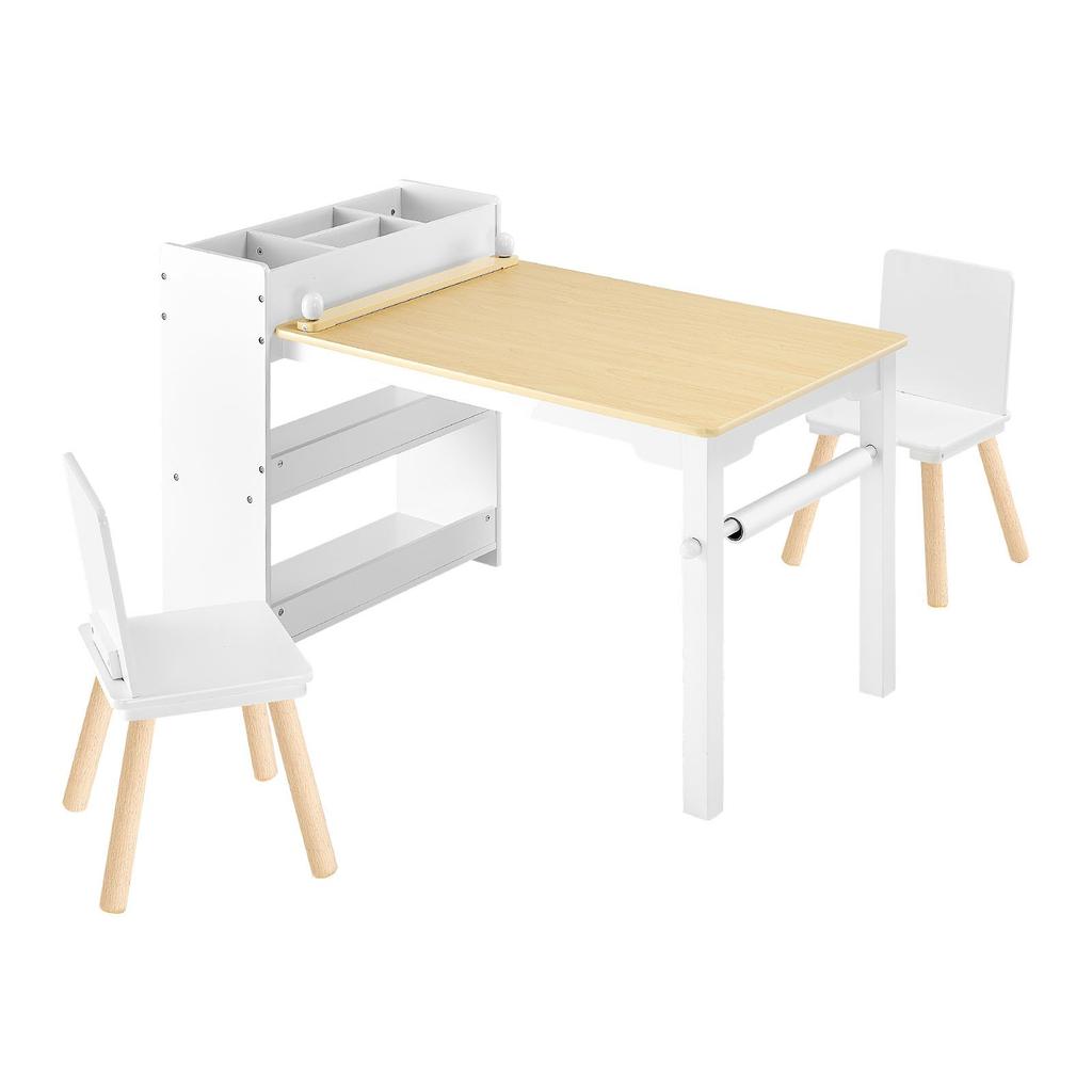 VEVOR Set Tavolo e Sedia per Bambini, Tavolo per Lavoretti per Bambini Piccoli con Mobiletto a 3 Ripiani, Scrivania Gioco Attività in Legno per Bambini con 2 Sedie