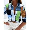Camicia da Donna Geometrica Stampata in 3D in Poliestere a Manica Lunga Versatile per Primavera e Autunno Moda Quotidiana Camicia con Bavero