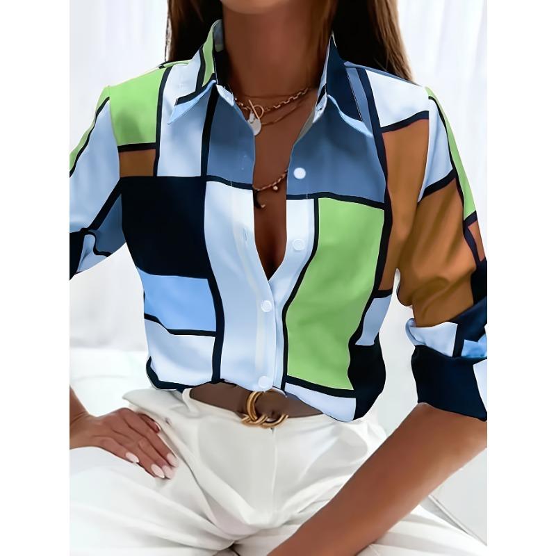 Camicia da Donna Geometrica Stampata in 3D in Poliestere a Manica Lunga Versatile per Primavera e Autunno Moda Quotidiana Camicia con Bavero
