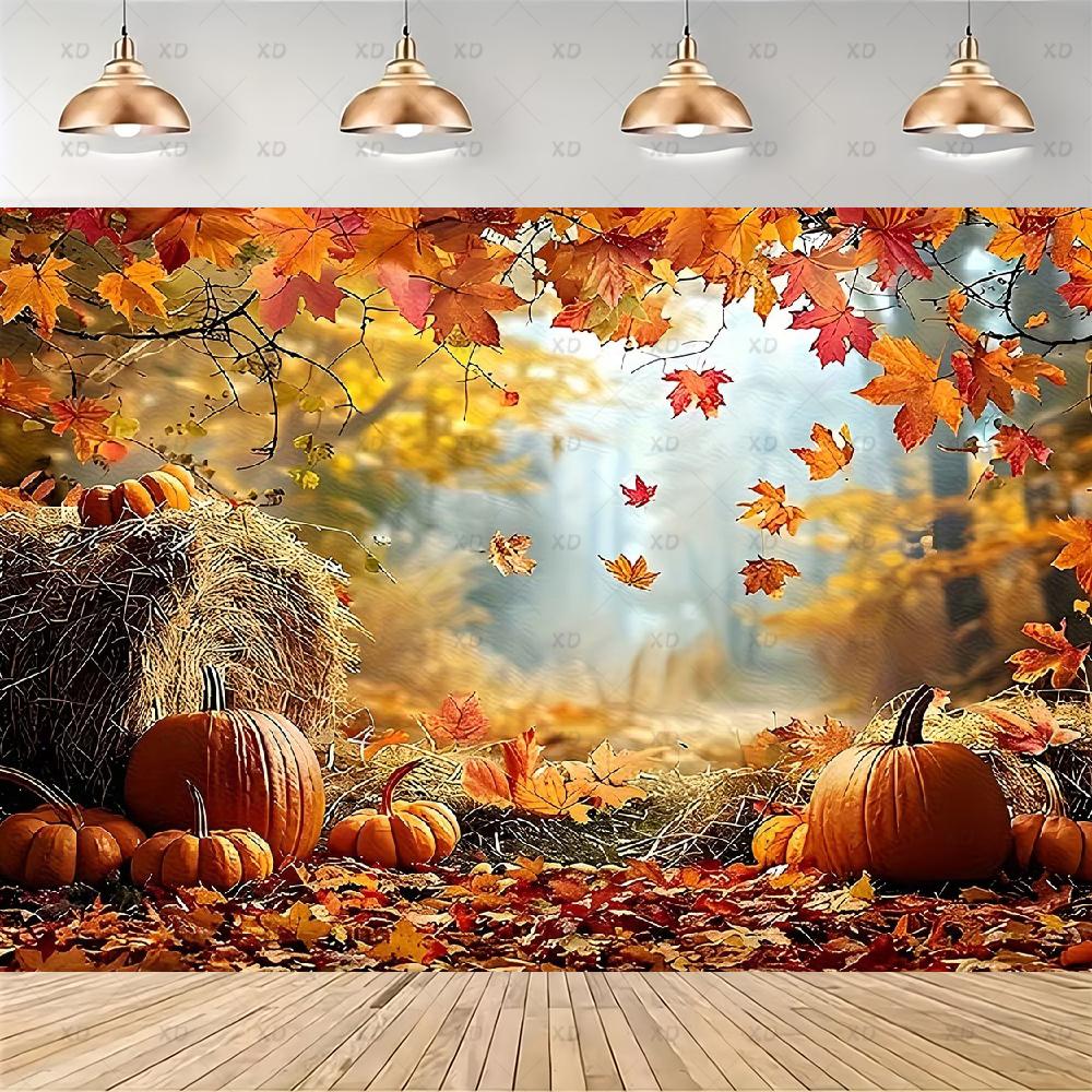 Rustic photographic backdrop: Maple forest, orange autumn leaves, pumpkin banner, for baby shower decorations4940